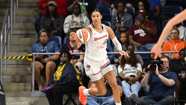 Sep 4, 2025; Washington, District of Columbia, USA; Phoenix Mercury forward Satou Sabally (0) dribbles the ball against the Washington Mystics during the second quarter at CareFirst Arena. Mandatory Credit: Rafael Suanes-Imagn Images Sep 4, 2025; Washington, District of Columbia, USA; Phoenix Mercury forward Satou Sabally (0) dribbles the ball against the Washington Mystics during the second quarter at CareFirst Arena. Mandatory Credit: Rafael Suanes-Imagn Images