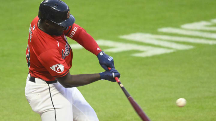 Aug 24, 2024; Cleveland, Ohio, USA; Cleveland Guardians right fielder Jhonkensy Noel (43) hits a two-run home run in the third inning against the Texas Rangers at Progressive Field. Mandatory Credit: David Richard-USA TODAY Sports