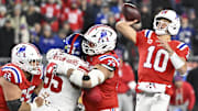 Dec 1, 2025; Foxborough, Massachusetts, USA; New England Patriots quarterback Drake Maye (10) throws a pass during the first quarter against the New York Giants at Gillette Stadium. Mandatory Credit: Eric Canha-Imagn Images
