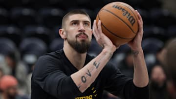 Feb 12, 2025; Salt Lake City, Utah, USA;  Los Angeles Lakers center Alex Len (27) warms up before a game against the Utah Jazz at Delta Center. Mandatory Credit: Chris Nicoll-Imagn Images