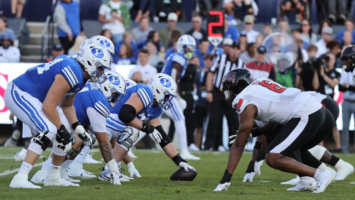 Oct 21, 2023; Provo, Utah, USA; The Brigham Young Cougars offense lines up against the Texas Tech Red Raiders defense in the first half at LaVell Edwards Stadium. Mandatory Credit: Rob Gray-USA TODAY Sports