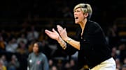 Iowa Hawkeyes head coach Jan Jensen reacts during a Big Ten women’s basketball game against the Rutgers Scarlet Knights Thursday, Feb. 13, 2025 at Carver-Hawkeye Arena in Iowa City, Iowa.