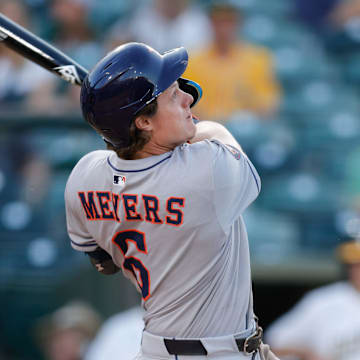 Jun 17, 2025; West Sacramento, California, USA; Houston Astros center fielder Jake Meyers (6) during the game against the Athletics at Sutter Health Park.