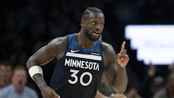 Nov 19, 2025; Minneapolis, Minnesota, USA; Minnesota Timberwolves forward Julius Randle (30) celebrates making a shot against the Washington Wizards in the second half at Target Center. Mandatory Credit: Jesse Johnson-Imagn Images
