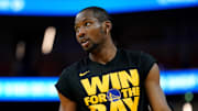 May 12, 2025; San Francisco, California, USA; Golden State Warriors forward Jonathan Kuminga (00) stands on the court during warmups against the Minnesota Timberwolves during game four of the second round for the 2025 NBA Playoffs at Chase Center. Mandatory Credit: Cary Edmondson-Imagn Images