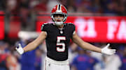 Atlanta Falcons wide receiver Drake London (5) reacts after a pass interference call during the second half of a game against the Buffalo Bills at Mercedes-Benz Stadium. 