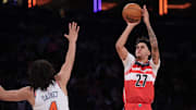 Oct 13, 2025; New York, New York, USA; Washington Wizards forward Will Riley (27) shoots the ball during the second half against New York Knicks forward Pacome Dadiet (4) at Madison Square Garden. Mandatory Credit: Vincent Carchietta-Imagn Images