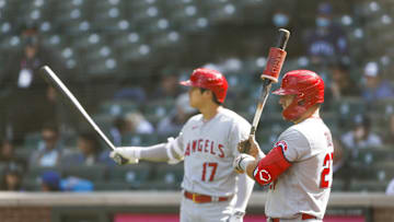 May 2, 2021; Seattle, Washington, USA; Shohei Ohtani, Mike Trout, LA Angels
