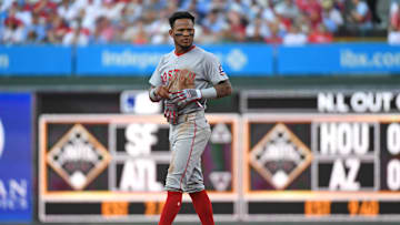 Jul 21, 2025; Philadelphia, Pennsylvania, USA; Boston Red Sox outfielder Ceddanne Rafaela (3) against the Philadelphia Phillies at Citizens Bank Park. Mandatory Credit: Eric Hartline-Imagn Images
