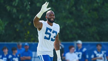 Indianapolis Colts linebacker Shaquille Leonard (53) waves to fans during the first day of training