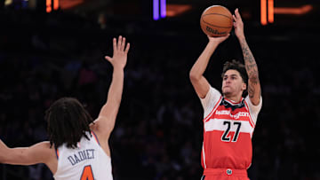 Oct 13, 2025; New York, New York, USA; Washington Wizards forward Will Riley (27) shoots the ball during the second half against New York Knicks forward Pacome Dadiet (4) at Madison Square Garden. Mandatory Credit: Vincent Carchietta-Imagn Images