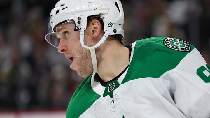 Apr 22, 2026; Saint Paul, Minnesota, USA; Dallas Stars right wing Mikko Rantanen (96) looks on during the third period in game three of the first round of the 2026 Stanley Cup Playoffs against the Minnesota Wild at Grand Casino Arena. Mandatory Credit: Matt Krohn-Imagn Images