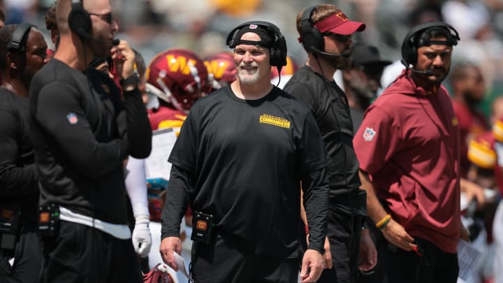 Aug 10, 2024; East Rutherford, New Jersey, USA; Washington Commanders head coach Dan Quinn looks on during the first half against the New York Jets at MetLife Stadium. Mandatory Credit: Vincent Carchietta-USA TODAY Sports