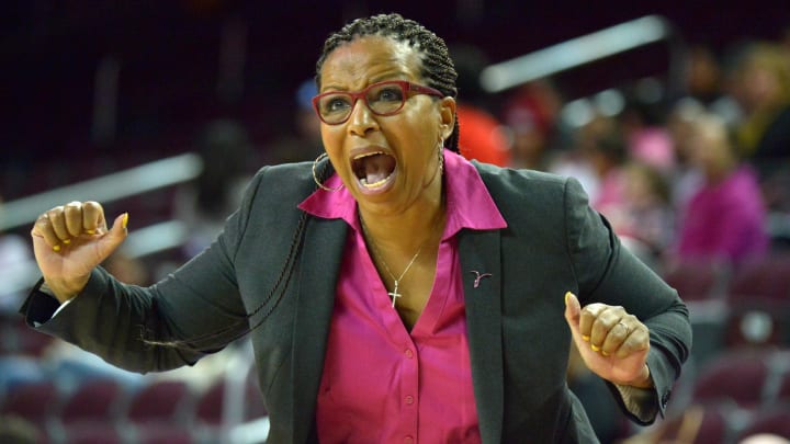 Feb 20, 2015; Los Angeles, CA, USA; Southern California Trojans coach Cynthia Cooper-Dyke reacts against the Arizona Wildcats at the Galen Center. USC defeated Arizona 77-51. Mandatory Credit: Kirby Lee-Imagn Images