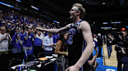 Mar 22, 2025; Denver, CO, USA; Brigham Young Cougars forward Richie Saunders (15) reacts after defeating the Wisconsin Badgers in the second round of the NCAA Tournament  at Ball Arena. Mandatory Credit: Isaiah J. Downing-Imagn Images