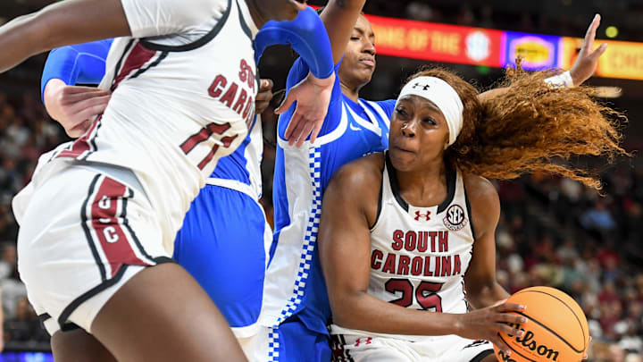 South Carolina Gamecocks guard Raven Johnson (25) drives to the basket Friday, March 6, 2026, during the SEC Women's Basketball Tournament quarterfinals game against the Kentucky Wildcats at Bon Secours Wellness Arena in Greenville, South Carolina.