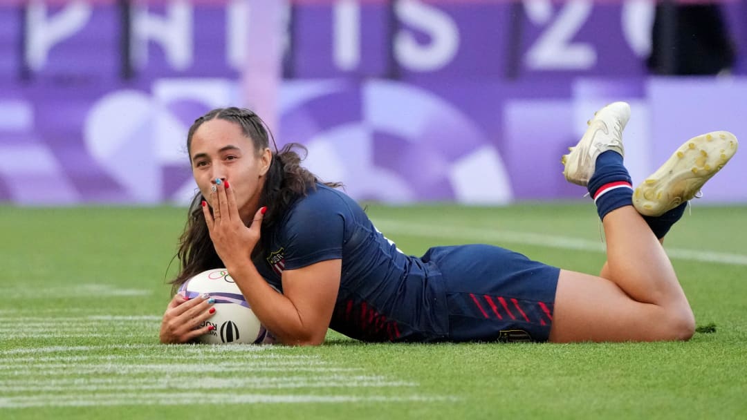 Jul 28, 2024; Paris Saint-Denis, France; United States back Alex Sedrick (8) reacts after scoring against Brazil during the Paris 2024 Olympic Summer Games at Stade de France. Mandatory Credit: Kirby Lee-USA TODAY Sports