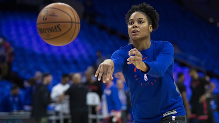 May 2, 2019; Philadelphia, PA, USA; Philadelphia 76ers assistant coach Lindsey Harding in game three of the second round of the 2019 NBA Playoffs against the Toronto Raptors at Wells Fargo Center. Mandatory Credit: Bill Streicher-Imagn Images May 2, 2019; Philadelphia, PA, USA; Philadelphia 76ers assistant coach Lindsey Harding in game three of the second round of the 2019 NBA Playoffs against the Toronto Raptors at Wells Fargo Center. Mandatory Credit: Bill Streicher-Imagn Images