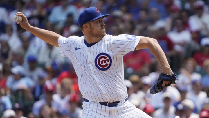 Aug 3, 2024; Chicago, Illinois, USA; Chicago Cubs pitcher Jameson Taillon (50) throws the ball against the St. Louis Cardinals during the first inning at Wrigley Field.