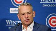 Jan 12, 2024; Chicago, IL, USA; Chicago Cubs president of baseball operations Jed Hoyer talks to the media after introducing pitcher Shota Imanaga (not pictured) during a press conference at Loews Chicago Hotel. Mandatory Credit: Kamil Krzaczynski-Imagn Images