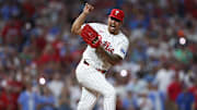 Aug 3, 2025; Philadelphia, Pennsylvania, USA; Philadelphia Phillies pitcher Jhoan Duran (59) reacts after a strike out to end the ninth inning of a win against the Detroit Tigers at Citizens Bank Park. 