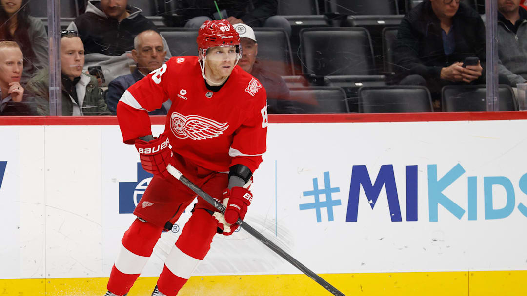 Apr 7, 2026; Detroit, Michigan, USA;  Detroit Red Wings right wing Patrick Kane (88) skates with the puck in the second period against the Columbus Blue Jackets at Little Caesars Arena. Mandatory Credit: Rick Osentoski-Imagn Images