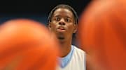 Oct 4, 2025; Charlotte, NC, USA; North Carolina Tar Heels forward Caleb Wilson (8) warms up before the game at Dean E. Smith Center. 