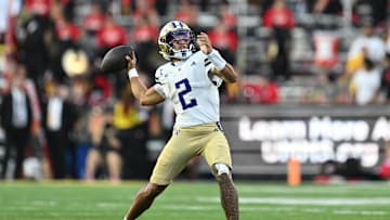 Oct 4, 2025; College Park, Maryland, USA;  Washington Huskies quarterback Demond Williams Jr. (2) passes against the Maryland Terrapins at SECU Stadium. Mandatory Credit: Jamie Sabau-Imagn Images