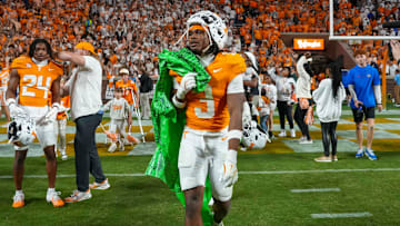 Tennessee defensive back Jermod McCoy (3) carries a deflated gator after defeating Florida during a NCAA football game between Tennessee and Florida in Neyland Stadium, in Knoxville, Tenn., Oct. 12, 2024.