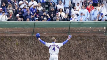 Apr 19, 2025; Chicago, Illinois, USA; Chicago Cubs outfielder Pete Crow-Armstrong (4) waves to the crowd before the game against the Arizona Diamondbacks at Wrigley Field. Mandatory Credit: David Banks-Imagn Images