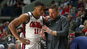 Feb 28, 2024; Oxford, Mississippi, USA; Mississippi Rebels head coach Chris Beard (right) talks with guard Matthew Murrell (11) during the second half against the Alabama Crimson Tide at The Sandy and John Black Pavilion at Ole Miss. Mandatory Credit: Petre Thomas-USA TODAY Sports