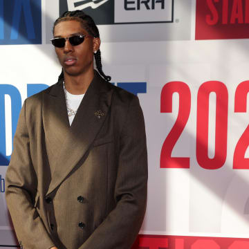 Jun 26, 2024; Brooklyn, NY, USA; Cody Williams arrives for the first round of the 2024 NBA Draft at Barclays Center. Mandatory Credit: Brad Penner-USA TODAY Sports