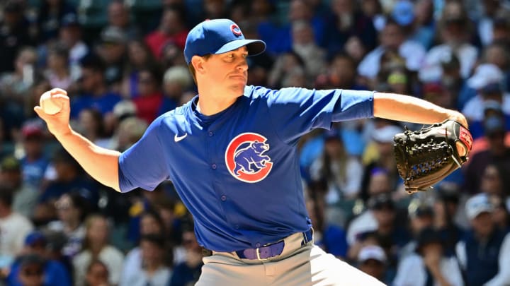 Chicago Cubs starting pitcher Kyle Hendricks (28) throws a pitch against the Milwaukee Brewers in the first inning at American Family Field on July 13.