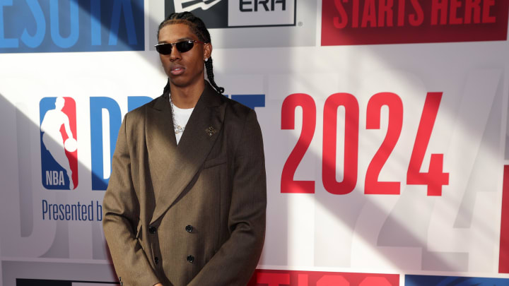 Jun 26, 2024; Brooklyn, NY, USA; Cody Williams arrives for the first round of the 2024 NBA Draft at Barclays Center. Mandatory Credit: Brad Penner-USA TODAY Sports