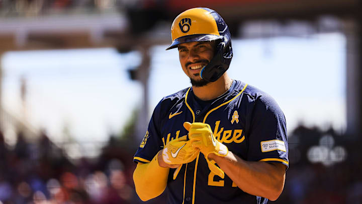 Sep 1, 2024; Cincinnati, Ohio, USA; Milwaukee Brewers shortstop Willy Adames (27) in the eleventh inning in the game against the Cincinnati Reds at Great American Ball Park. Mandatory Credit: Katie Stratman-Imagn Images