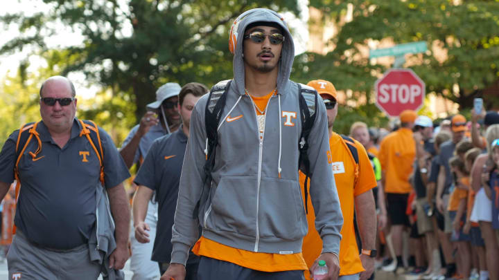 Tennessee quarterback Nico Iamaleava (8) during the Vol Walk before a football game between Tennessee and Chattanooga at Neyland Stadium in Knoxville, Tenn., on Saturday, August 31, 2024.