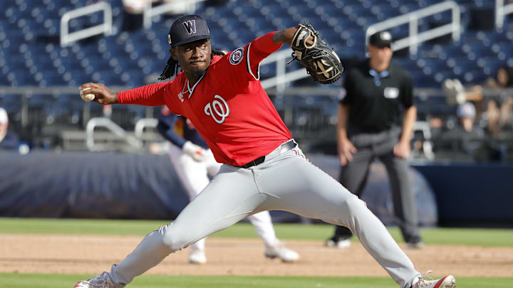 Washington Nationals right hand pitcher Marquis Grissom Jr. throws a pitch in the ninth inning against the Houston Astros at CACTI Park of the Palm Beaches. Washington Nationals right hand pitcher Marquis Grissom Jr. throws a pitch in the ninth inning against the Houston Astros at CACTI Park of the Palm Beaches.