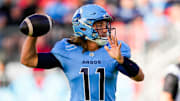 Jun 9, 2024; Toronto, Ontario, CAN; Toronto Argonauts quarterback Cameron Dukes (11) throws a pass against the BC Lions at BMO Field. Mandatory Credit: Kevin Sousa-Imagn Images