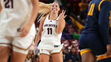 ASU Sun Devils guard Marley Washenitz (11) celebrates her made 3-point shot against the Coppin State Bald Eagles at Desert Financial Arena on Nov. 3, 2025.