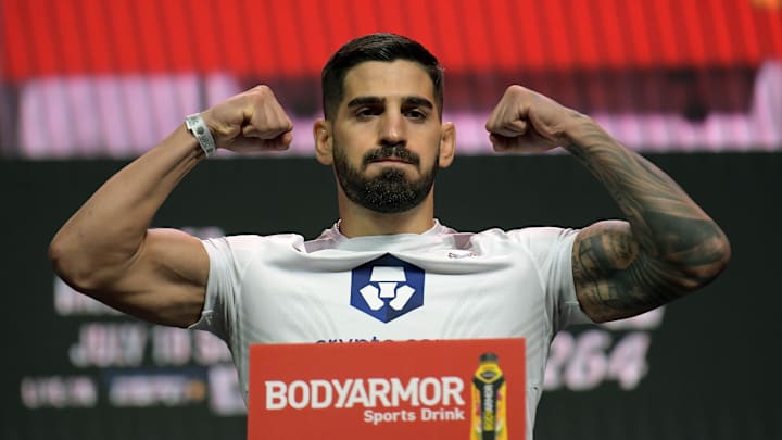 Ilia Topuria reacts during weigh ins for UFC 264 at T-Mobile Arena. Ilia Topuria reacts during weigh ins for UFC 264 at T-Mobile Arena.