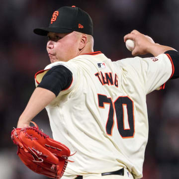 Apr 8, 2024; San Francisco, California, USA; San Francisco Giants pitcher Kai-Wei Teng (70) throws a pitch against the Washington Nationals during the eighth inning at Oracle Park.
