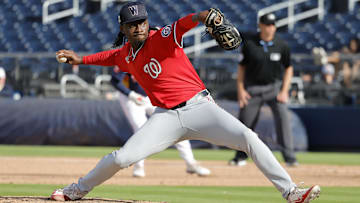Feb 22, 2025; West Palm Beach, Florida, USA; Washington Nationals right hand pitcher Marquis Grissom Jr. throws a pitch in the ninth inning against the Houston Astros at CACTI Park of the Palm Beaches. Mandatory Credit: Reinhold Matay-Imagn Images