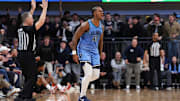 Dec 3, 2024; Villanova, Pennsylvania, USA; Villanova Wildcats forward Eric Dixon (43) reacts after scoring against the Cincinnati Bearcats in the second half at William B. Finneran Pavilion. Mandatory Credit: Kyle Ross-Imagn Images