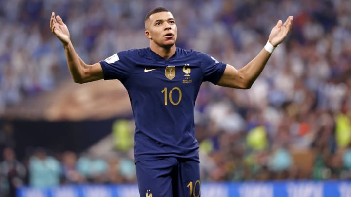 Dec 18, 2022; Lusail, Qatar; France forward Kylian Mbappe (10) reacts after scoring his second goal of the match against Argentina during the second half of the 2022 World Cup final at Lusail Stadium. Mandatory Credit: Yukihito Taguchi-USA TODAY Sports