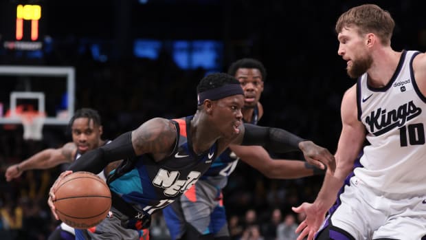 Apr 7, 2024; Brooklyn, New York, USA; Brooklyn Nets guard Dennis Schroder (17) dribbles 