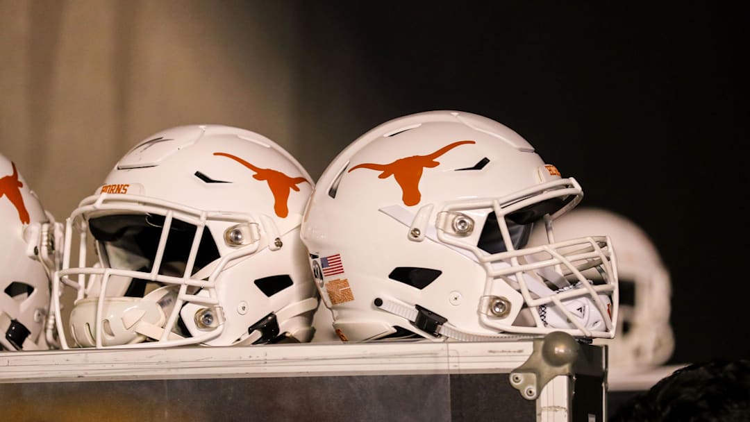 Texas Longhorns helmets sit in the tunnel, Oct. 5, 2019 at Milan Puskar Stadium in Morgantown, West Virginia.