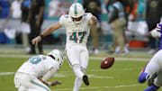 Miami Dolphin kicker Riley Patterson (47) kicks during the second half against the Buffalo Bills at Hard Rock Stadium. 