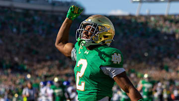Oct 4, 2025; South Bend, Indiana, USA; Notre Dame Fighting Irish wide receiver Will Pauling (2) celebrates scoring against the Boise State Broncos during the first half at Notre Dame Stadium. 