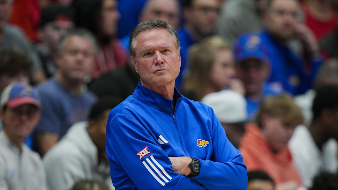 Nov 15, 2025; Lawrence, Kansas, USA; Kansas Jayhawks head coach Bill Self reacts during the first half against the Princeton Tigers at Allen Fieldhouse. Mandatory Credit: Jay Biggerstaff-Imagn Images