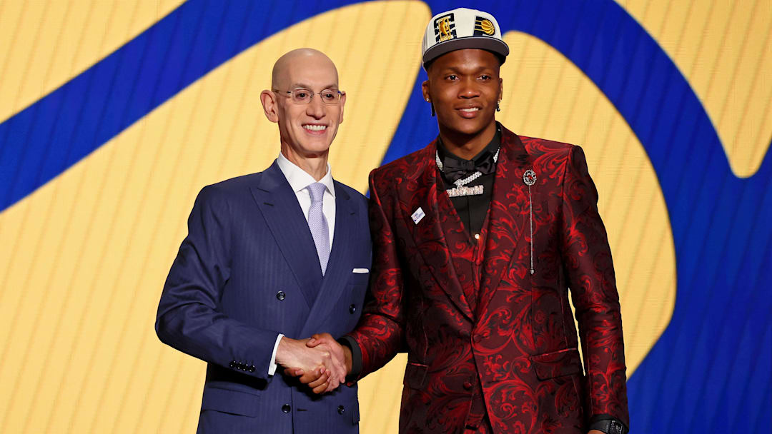 Jun 23, 2022; Brooklyn, NY, USA; Bennedict Mathurin (Arizona) shakes hands with NBA commissioner Adam Silver after being selected as the number six overall pick by the Indiana Pacers in the first round of the 2022 NBA Draft at Barclays Center. Mandatory Credit: Brad Penner-Imagn Images